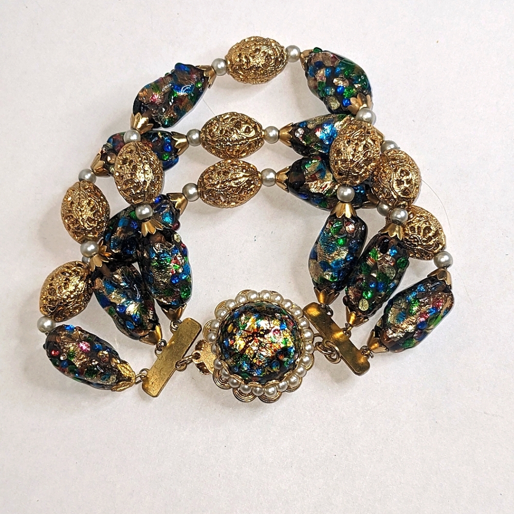 Vintage Napier Signed Beaded Bracelet – Foil‎ Glass & Filigree Beads RARE